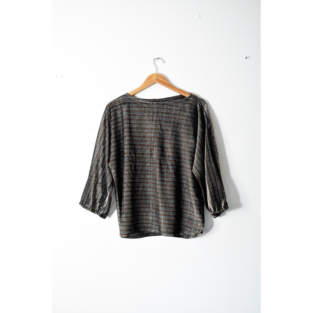 Ample Togs Blouse Womens XL Metallic Black Gold 70s Vintage Sheer Dolman Stripe